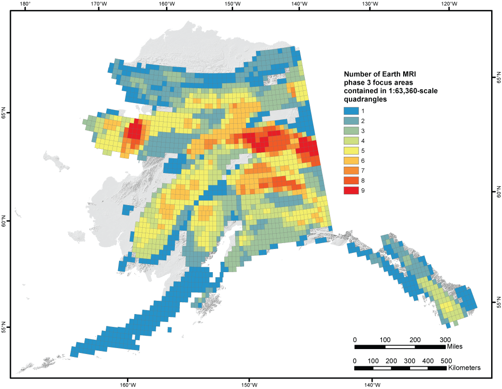 Map showing the overlap of mineral system focus areas for Earth MRI phase 3 in Alaska.