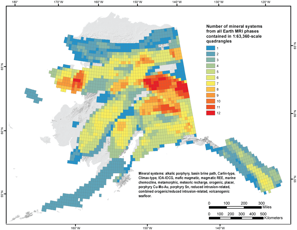 Map showing the overlap of mineral system focus areas for all Earth MRI phases in
                     Alaska.