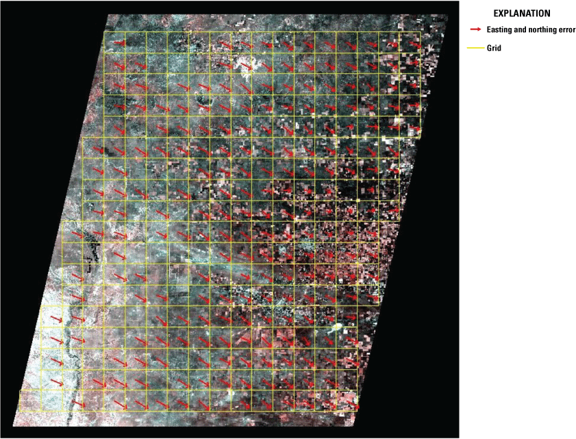 The easting and northing errors are shown throughout the map grid but are most dense
                           in the central and western parts.