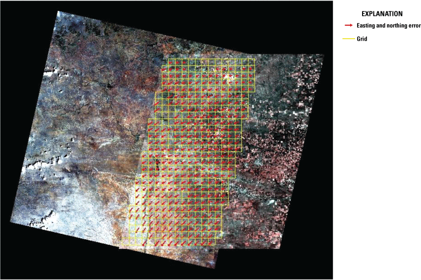 The easting and northing errors are distributed evenly throughout the map grid with
                           blank cells in the west and north.