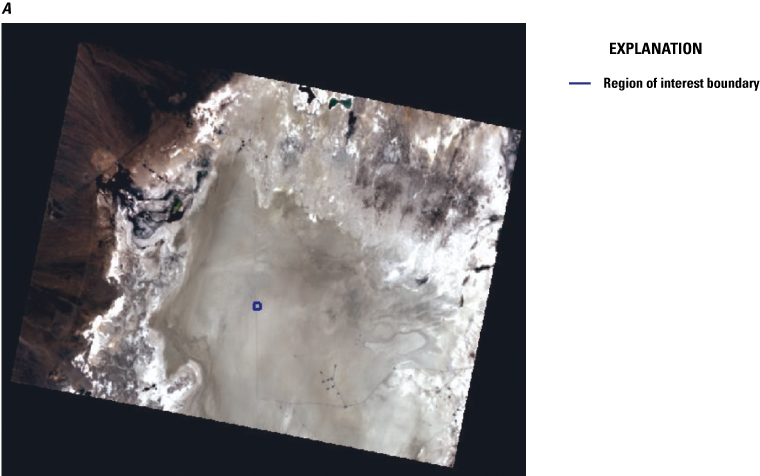 The scene highlights the location of the Radiometric Calibration Network site at Railroad
                        Valley, Nevada. The graph shows reflectance (by 10,000) on the y-axis and wavelength
                        (in nanometers) on the x-axis. As wavelength increases, reflectance fluctuates. The
                        difference in Top of Atmosphere reflectance between Radiometric Calibration Network
                        and Tanager is shown with a second y axis.