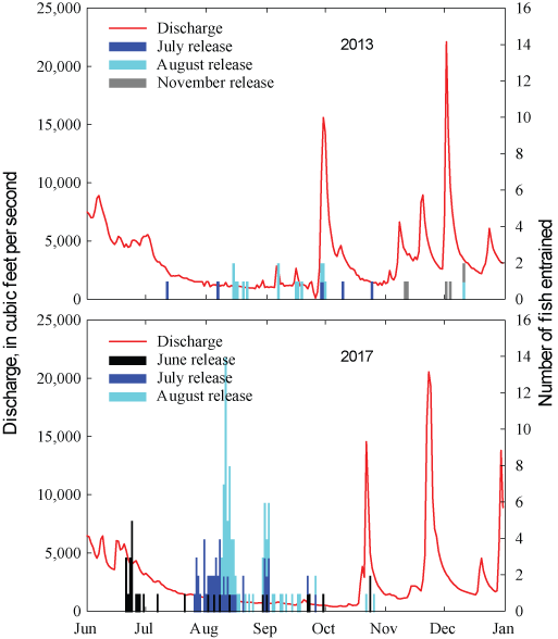 Figure 4. Stacked bar graph showing number of radio-tagged rainbow trout, by date
                     and release month, entrained at the Cowlitz Falls Dam and line graph showing discharge
                     at Cowlitz Falls Dam in the upper Cowlitz River Basin, Washington, 2013 and 2017.