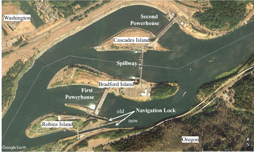 Satellite image showing major structures and islands at Bonneville Dam, Columbia River,
                     Oregon.
