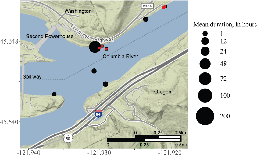 Image showing mean residence time at telemetry monitoring sites for acoustic-tagged
                           smallmouth bass collected, tagged, and released in the North Shore zone, upstream
                           from Bonneville Dam, Columbia River, Oregon, from August to December 2020.