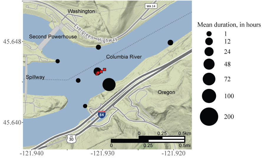 Image showing mean residence time at telemetry monitoring sites for acoustic-tagged
                           smallmouth bass collected, tagged, and released at Boat Rock, upstream from Bonneville
                           Dam, Columbia River, Oregon, from August to December 2020.
