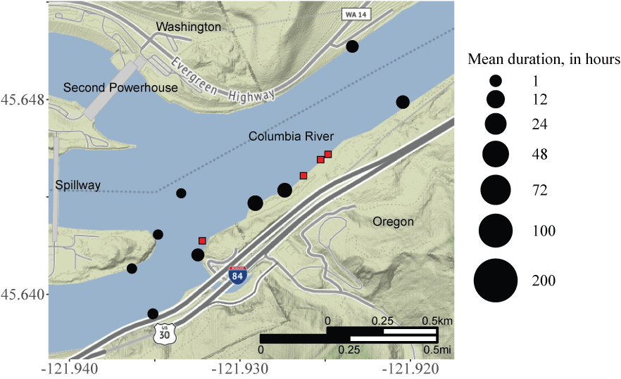 Image showing mean residence time at telemetry monitoring sites for acoustic-tagged
                           smallmouth bass collected, tagged, and released at Goose Island, upstream from Bonneville
                           Dam, Columbia River, Oregon, from August to December 2020.