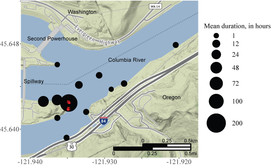 Image showing mean residence time at telemetry monitoring sites for acoustic-tagged
                           smallmouth bass collected, tagged, and released at East Bradford Island, upstream
                           from Bonneville Dam, Columbia River, Oregon, from August to December 2020.