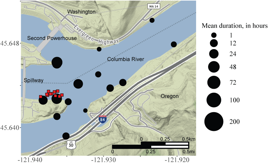 Image showing mean residence time at telemetry monitoring sites for acoustic-tagged
                           smallmouth bass collected, tagged, and released at North Bradford Island, upstream
                           from Bonneville Dam, Columbia River, Oregon, from August to December 2020.