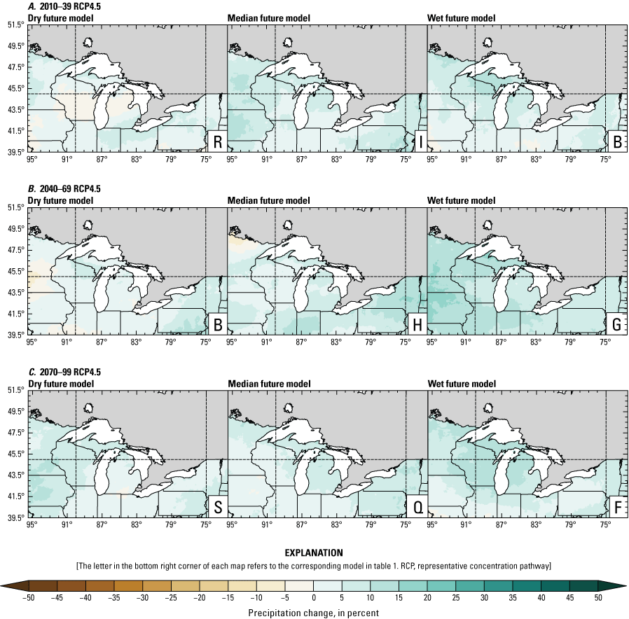 Maps showing that model projections under both emissions scenarios and all time periods
                           generally show increases in annual mean precipitation. Mild drying does occur in some
                           pockets in the dry and median projections most often in the western part of the domain.
