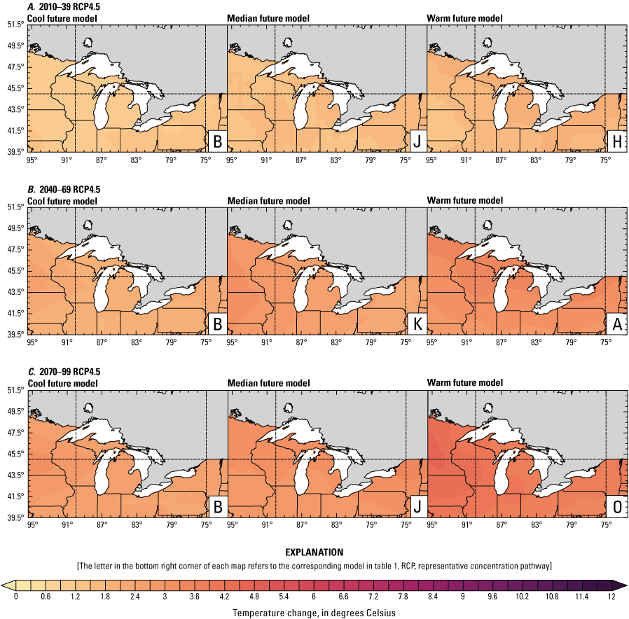 Maps showing that model projections under both emissions scenarios and all time periods
                           unanimously show increases in mean annual surface temperature. Warming is stronger
                           in the high emissions scenario and at the end of the 21st century. In general warming
                           follows a north south gradient with areas near the Great Lakes warming more than the
                           south of the domain.
