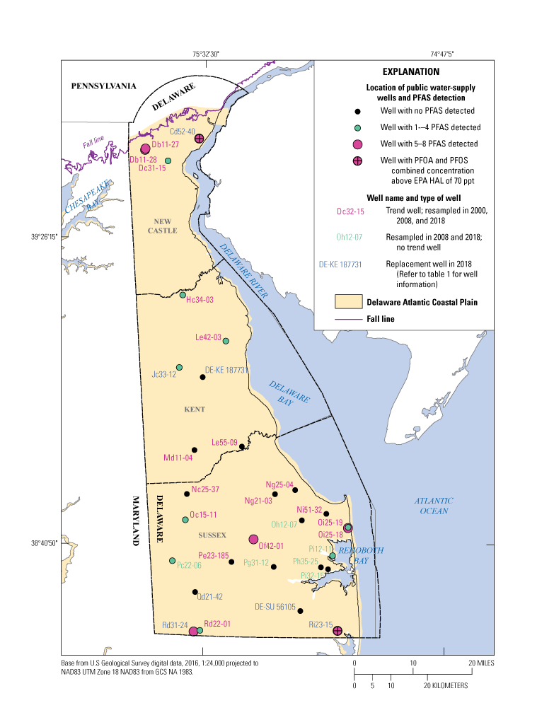 Delaware Atlantic coastal plain with the scattered locations of sampled wells and
                     per- and polyfluoroalkyl substances detections. 