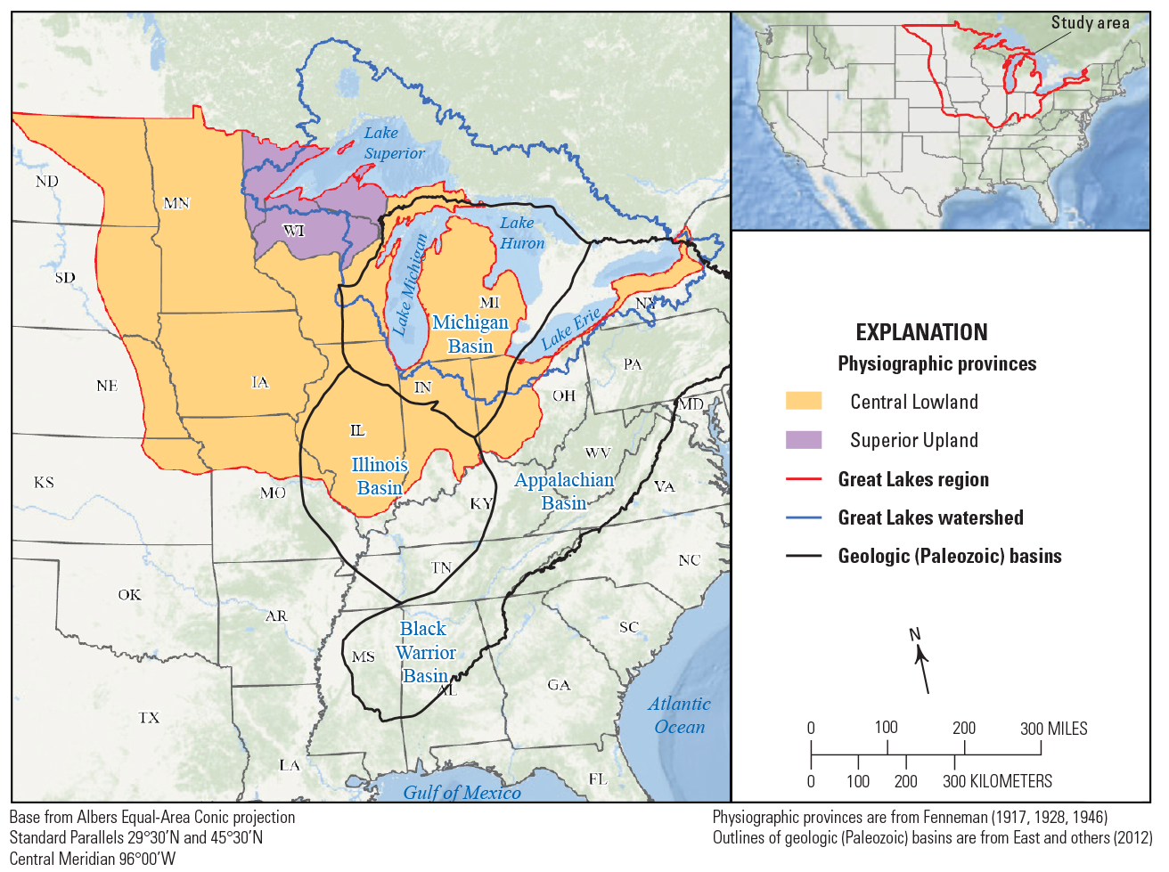 Map with Central Lowland and Superior Upload physiographic provinces, and the Great
                        Lake watershed.