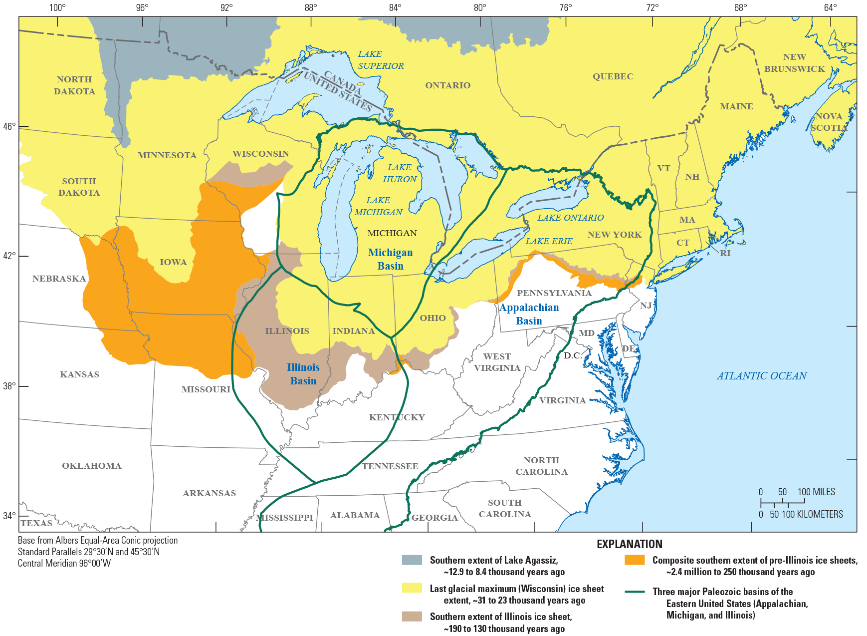 Map with colors showing different ice sheet extents in Illinois, Michigan, and Appalachian
                        Basins