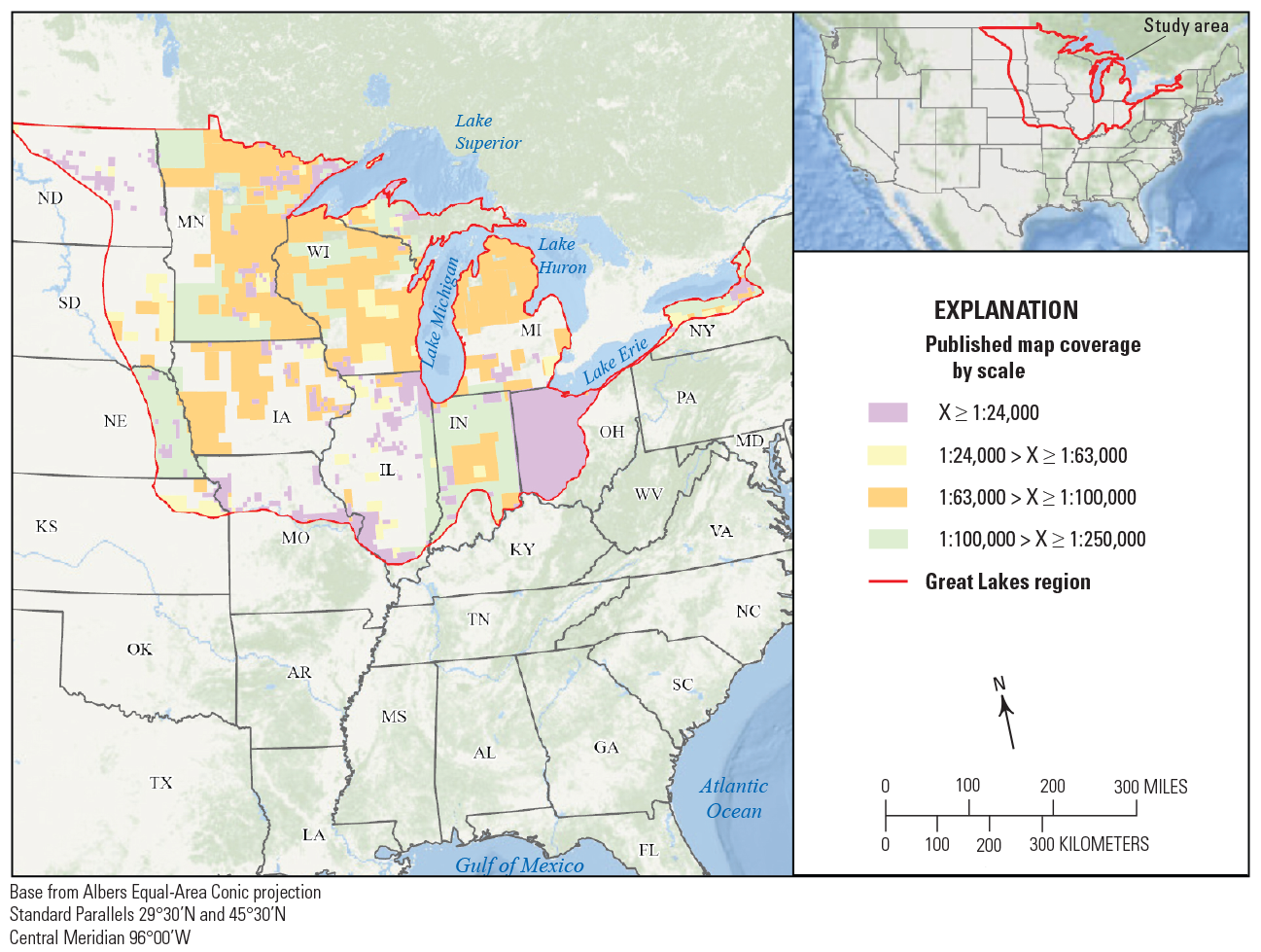 Map with colors showing published map coverage, from 1:24,000 to 1:250,000, in the
                        Great Lakes region by scale