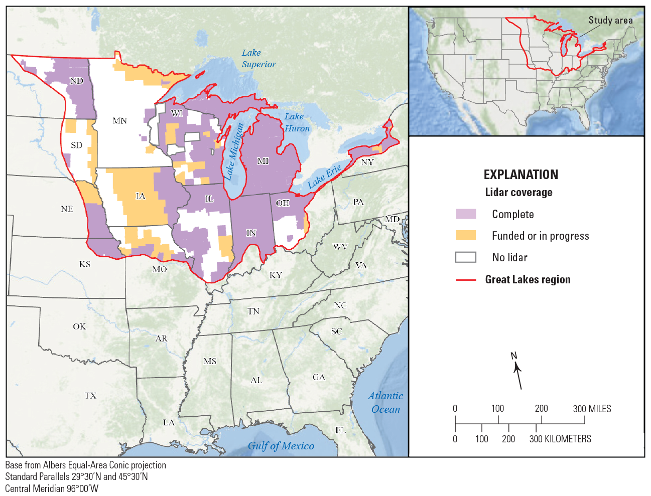 Map with colors showing lidar coverage, from complete to no coverage, in the Great
                        Lakes region