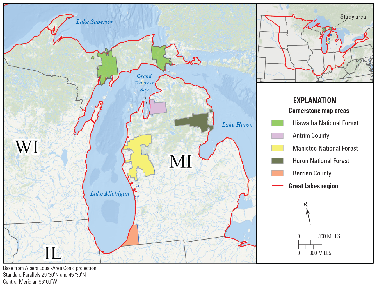 Map with colors for potential cornerstone map areas in Hiawatha, Manistree, Huron
                     National Forests; and Antrim and Berrien Counties