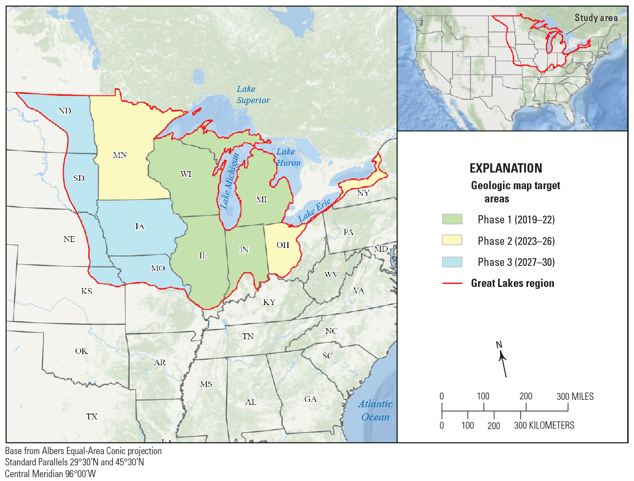 Map with colors for phases 1 (2019–22), 2 (2023–26), and 3 (2027–30) in Great Lakes
                     region