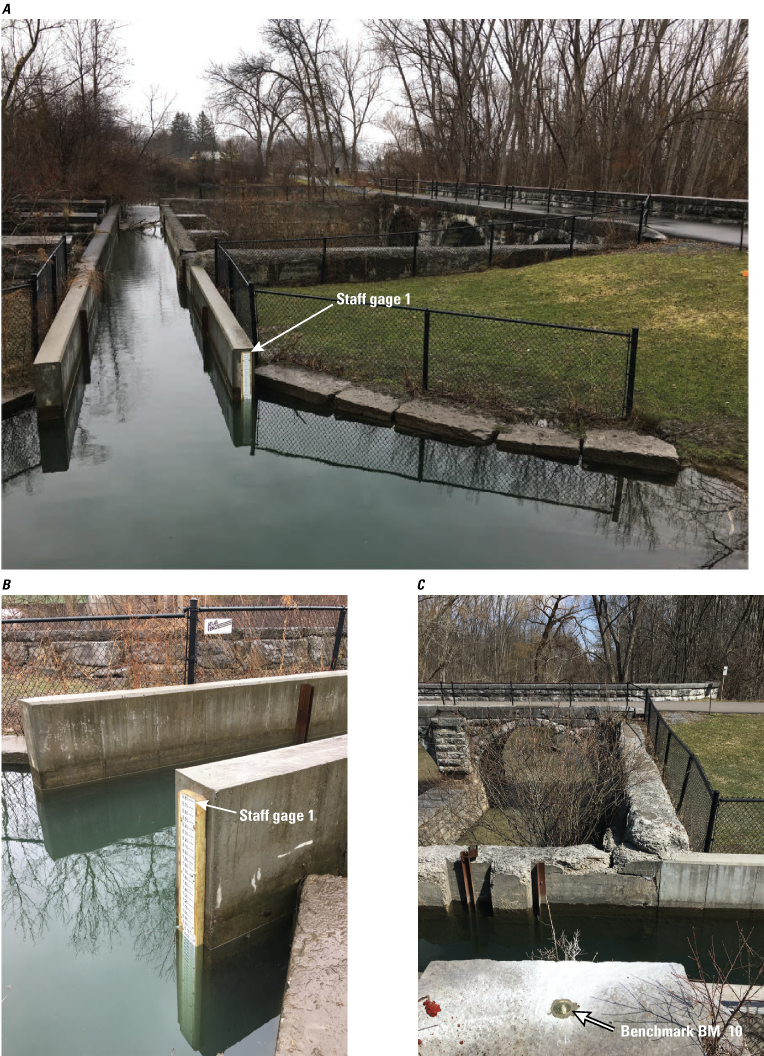 The staff gage is in the water on the end of the channel which crosses Butternut Creek.
               The benchmark is located on top of a concrete buttress perpendicular to the channel.