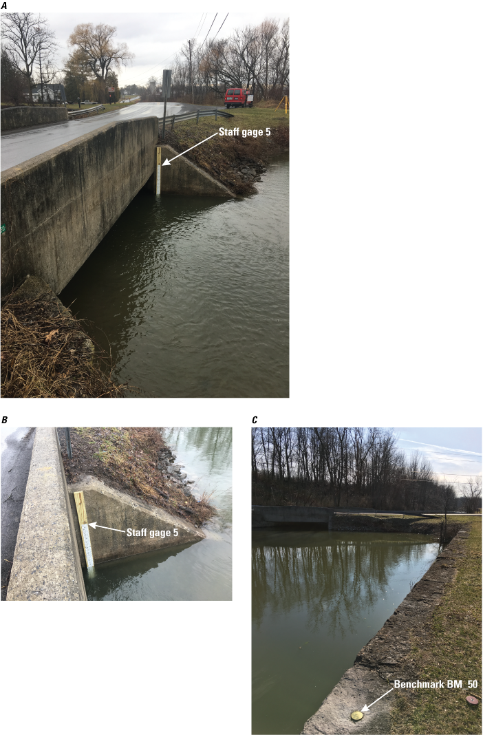 The staff gage is in the water, attached to the wing wall of the bridge. The benchmark
               is located about 100 feet away from the bridge on the stone canal bank wall.