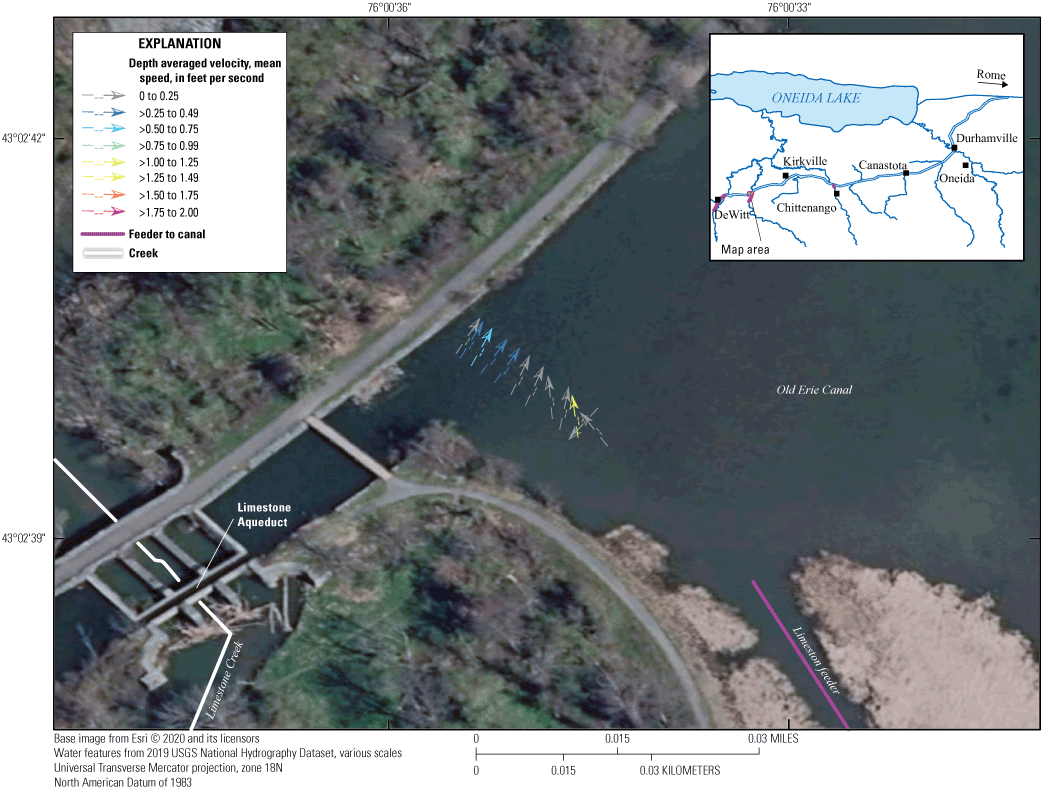 The flow is moving northeast from the Limestone aqueduct at 0 to 1.5 feet per second,
                        but there is reverse flow near Limestone feeder.