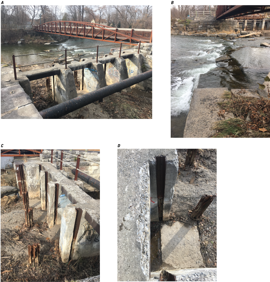 A 30-foot wide shallow stream flows underneath a red footbridge; water rushes over
               concrete rubble. Adjacent to the stream is a dry concrete flow control structure.
               The flow is not high enough to reach. It is made of concrete pillars reinforced with
               steel.