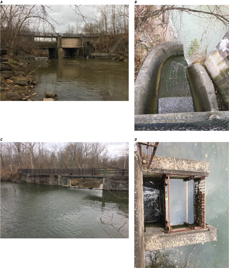 Concrete columns and stone embankments support the Durhamville aqueduct and towpath
               above Oneida Creek. The aqueduct is filled to the brim, and some flow is moving down
               the outfall to the creek.