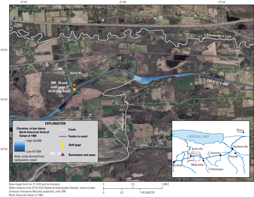 The highest bottom elevations of near 423 feet are near where Pools Brook flows into
                        the Old Erie Canal.