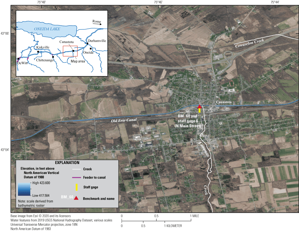 This section has consistently thin width. The lowest bottom elevation is where the
                        canal passes through the village of Canastota.