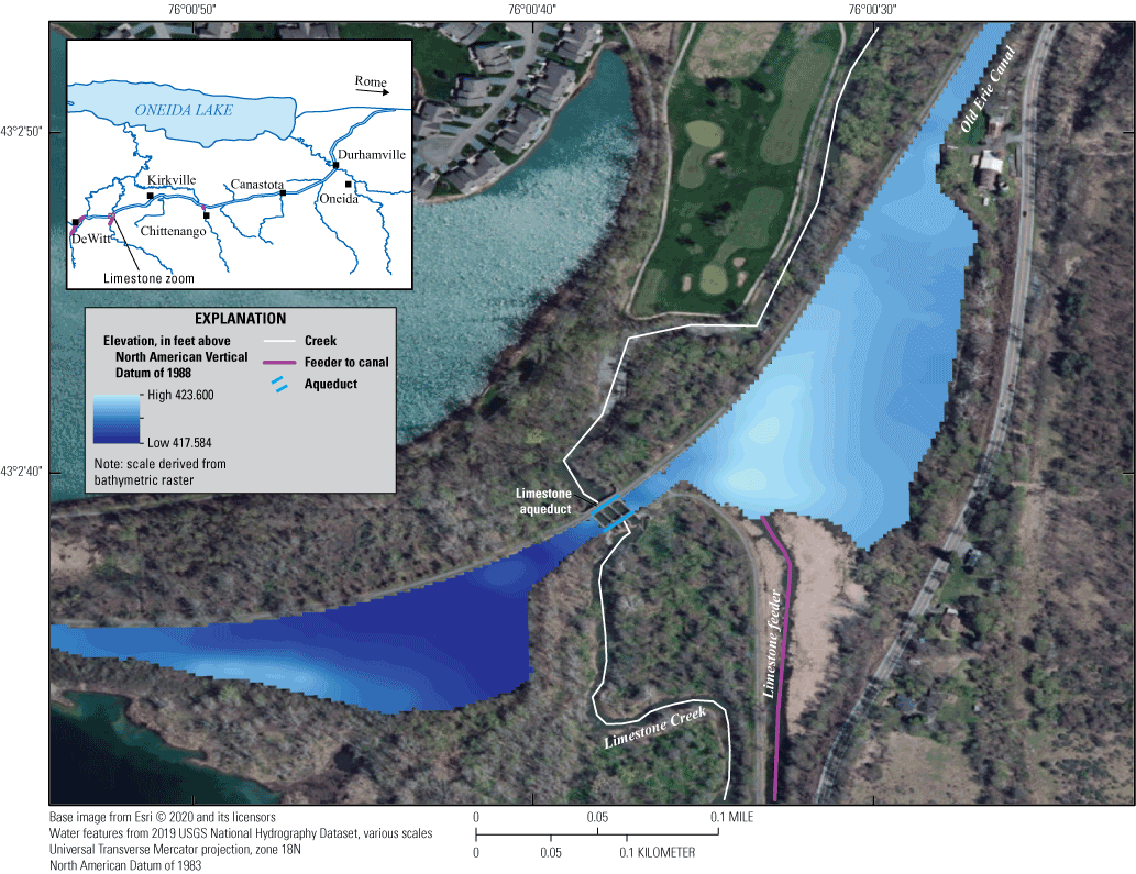 The wide area of the canal upstream of Limestone aqueduct has a bottom elevation of
                        about 417.5 feet, and downstream the bottom of the canal is as high as 423 feet.