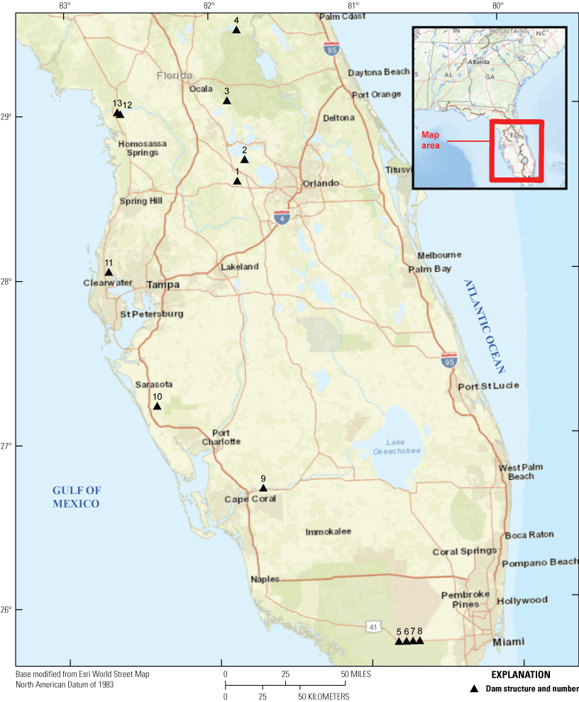 Figure 1. Map of Florida showing the structures distributed throughout west-central
                        and southern Florida.