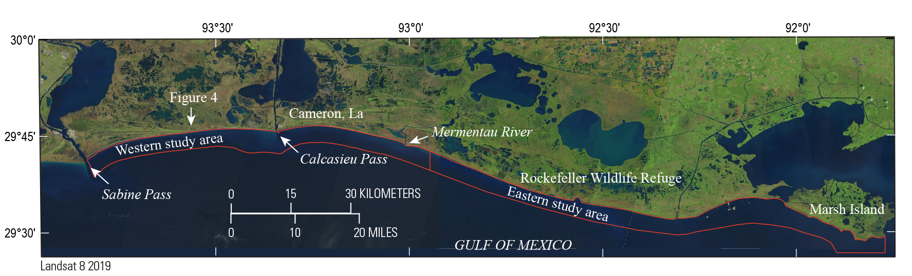 Figure 1. Arrows point to, from west to east respectively, Sabine Pass, location of
                     figure 4, Calcasieu Pass, and Marmentau River.