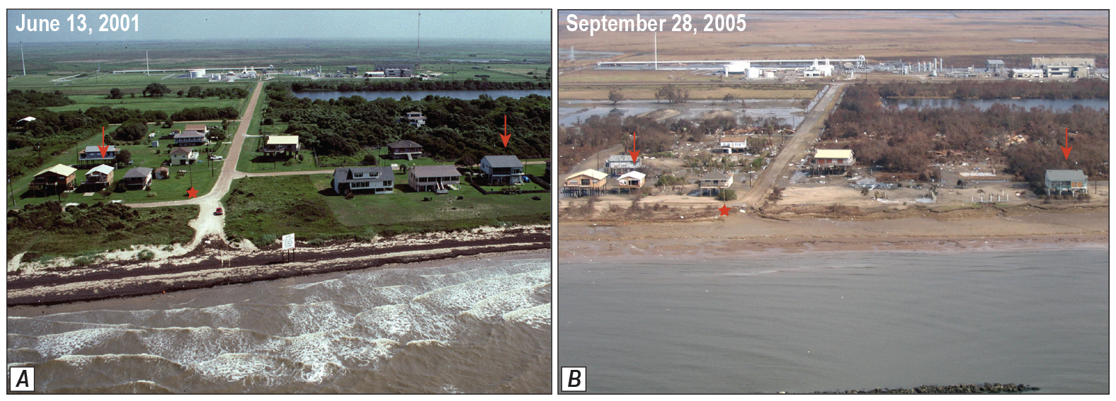 Figure 5. Ocean is photograph foreground; houses and telephone pole are nearer to
                     the ocean in image 5B.