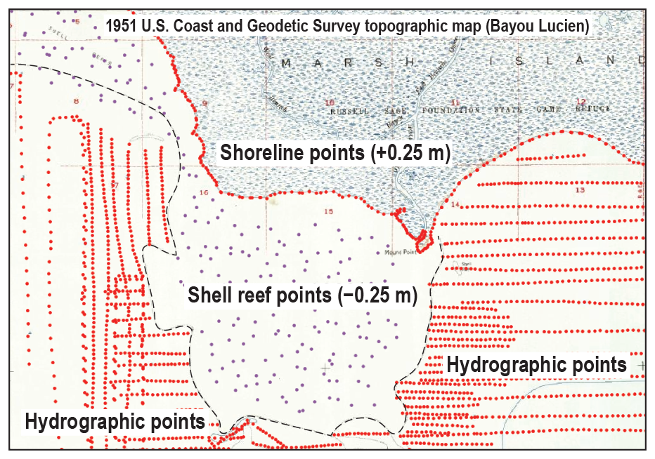 Figure 7. Labels indicate “hydrographic points,” “Shell reef points,” and “shoreline
                        points.” Map type, year, and author are labeled.