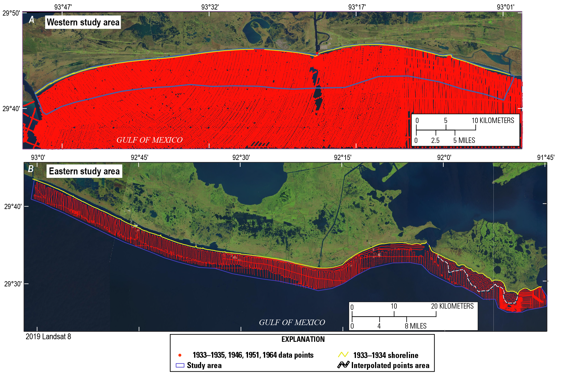 Figure 8. Shoreline outline is yellow; study area outlined in blue; data points are
                        red and extend beyond figure 8A study area. 