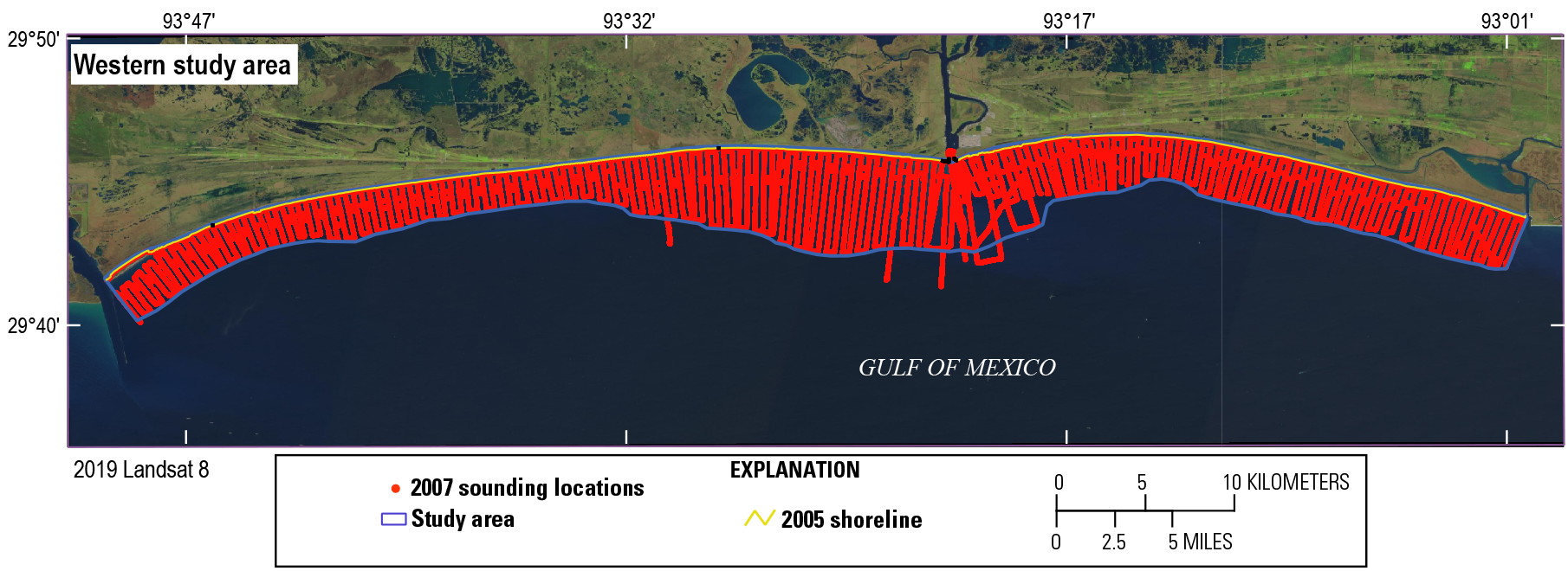 Figure 9. Almost all data points are between the shoeline and outer edge of study
                        area. Some data points extend south of study area.