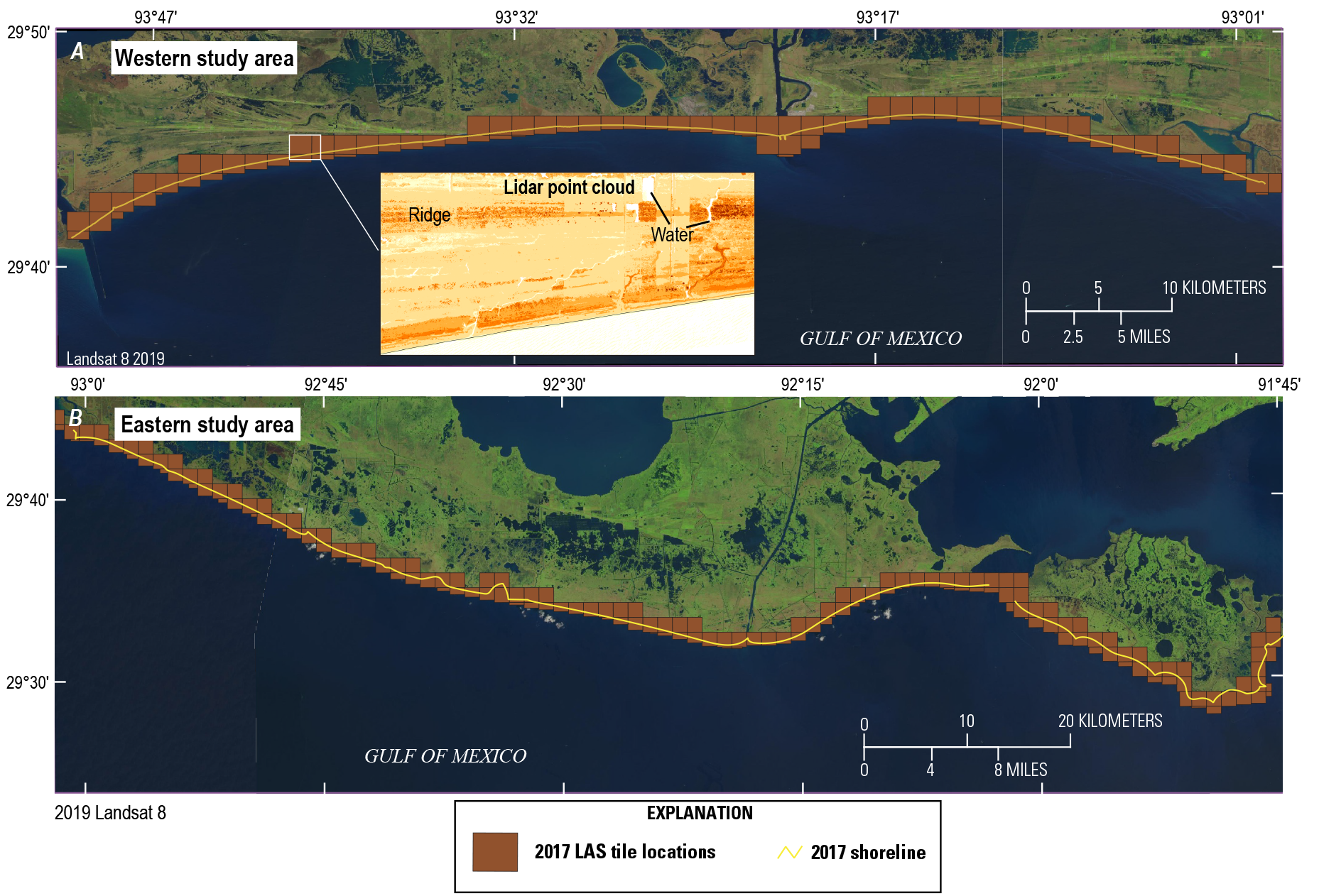 Figure 12. “Ridge” and “water” are labeled on the inset point-cloud image. The inset
                        image is shown on the western study area map.