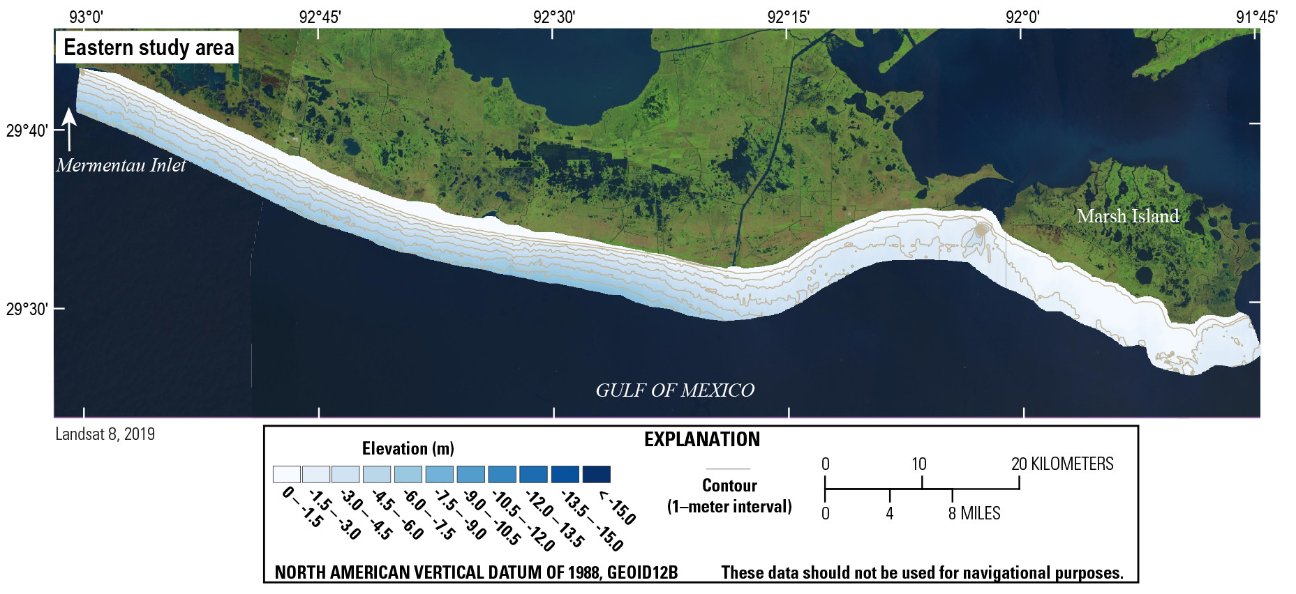 Figure 14. Labels are on the map for Mermentau Inlet, Marsh Island, and the Gulf of
                     Mexico.