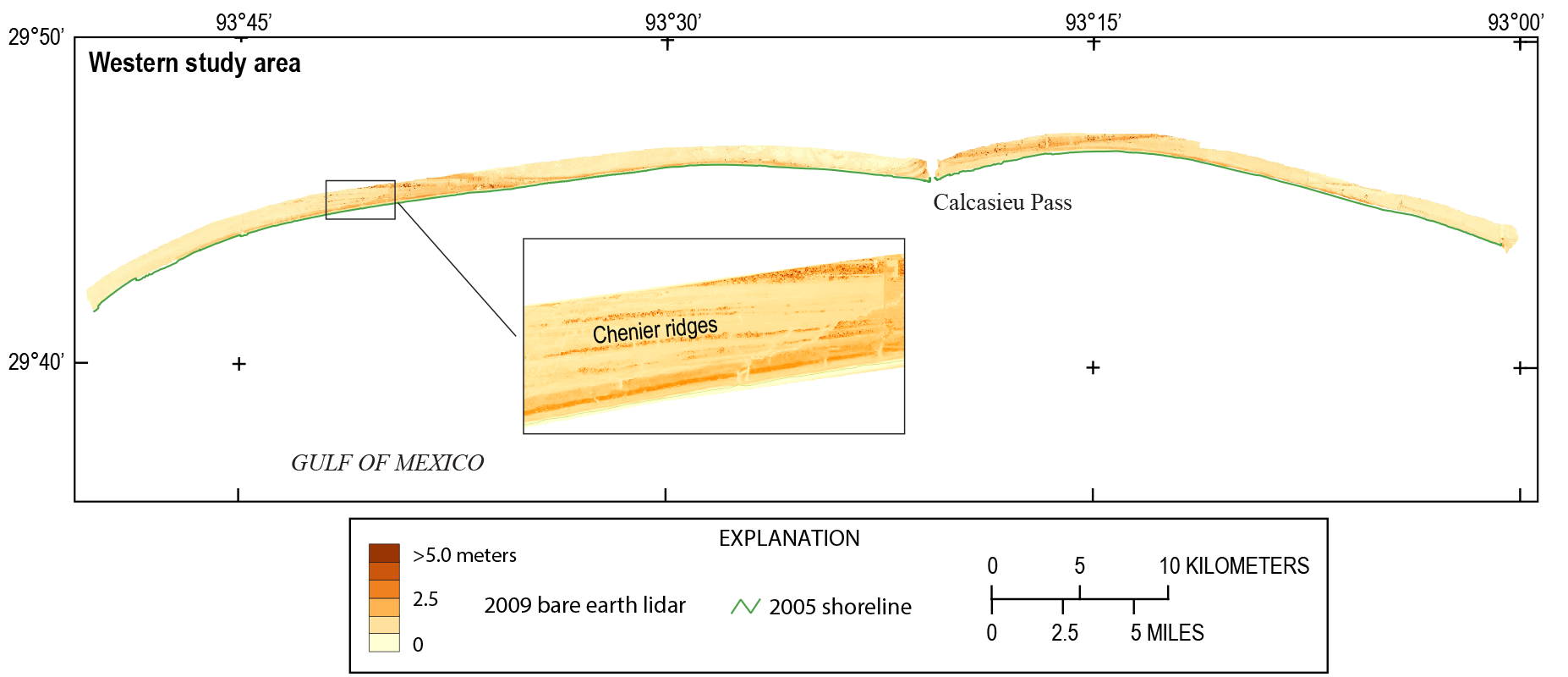 Figure 16. Calcasieu Pass is labeled on the image. Chenier ridges are labeled on the
                     inset map.