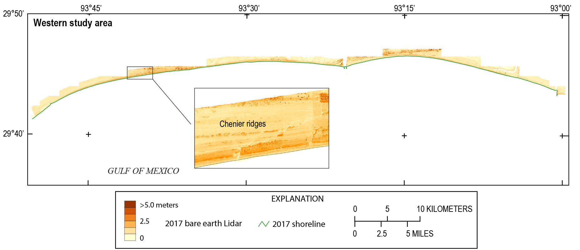 Figure 19. DEM shows a “Gulf of Mexico” label. Inset image has a label for “Chenier
                     ridges.”