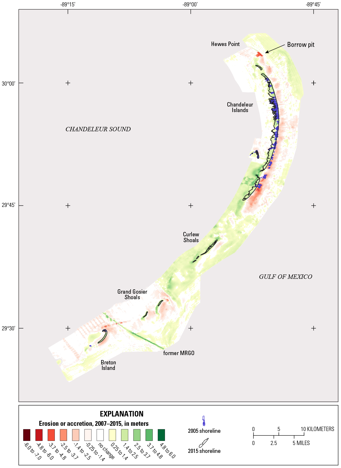 Figure 19. The Chandeleur Islands, Breton Island, Hewes Point, former MRGO, and Curlew
                        and Grand Gosier shoals are labeled.