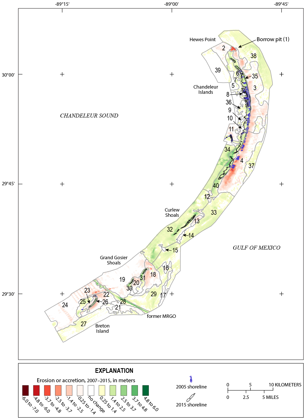 Figure 21. The Chandeleur Islands, Breton Island, Hewes Point, former MRGO, and Curlew
and Grand Gosier shoals are labeled.
