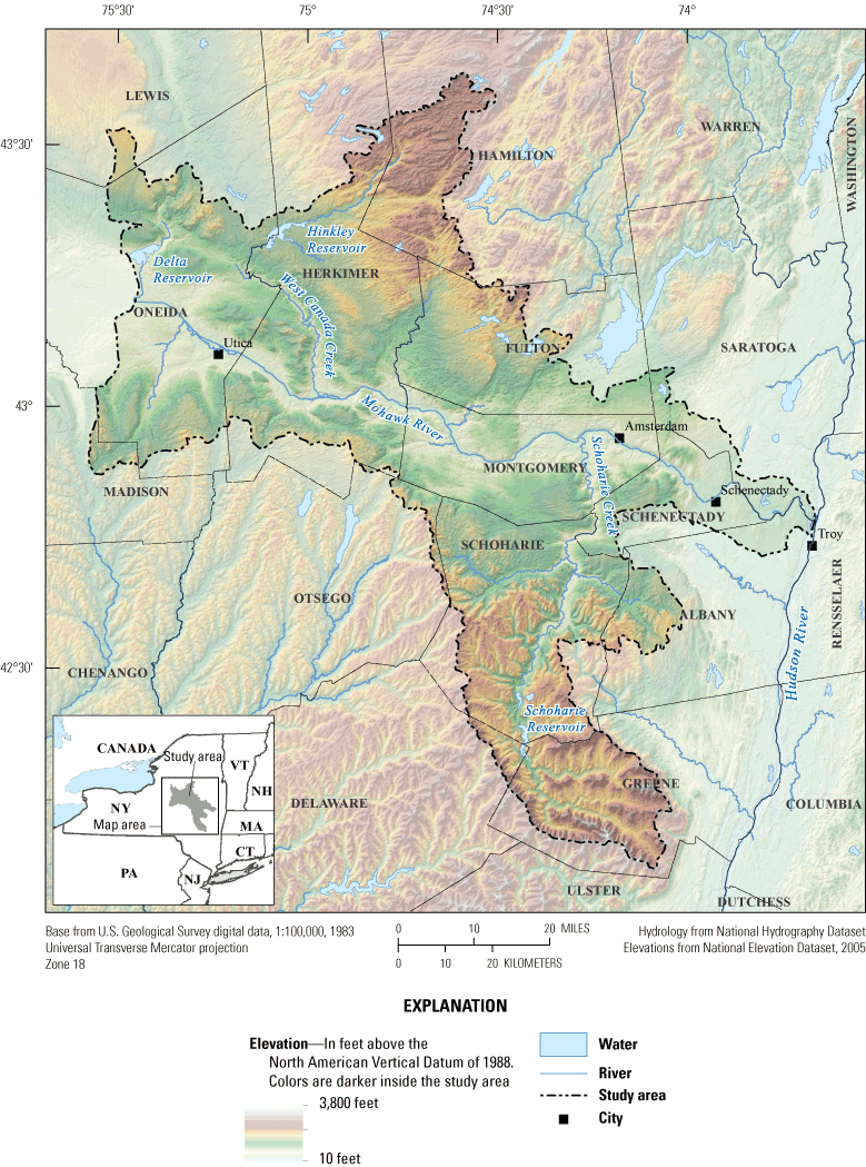 Map of the Mohawk River Basin in parts of 14 counties in central New York. Elevations
                           are between 10 and 3,800 feet.