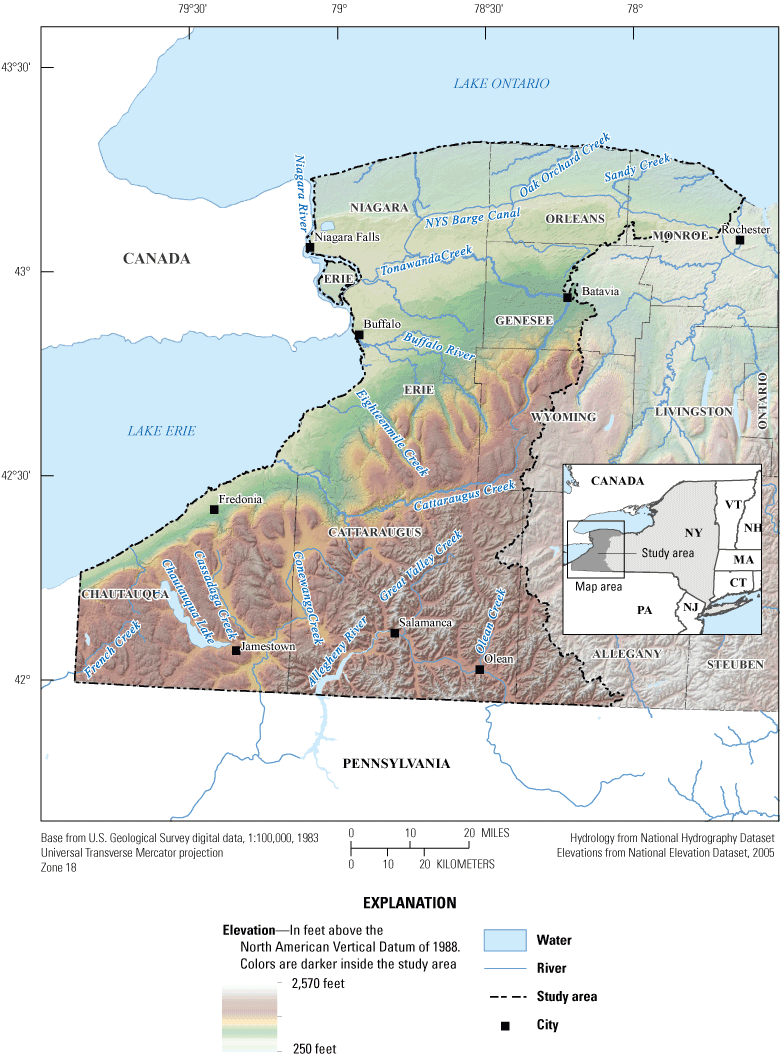 Map of the western New York River Basins. Elevations are between 250 and 2,570 feet.