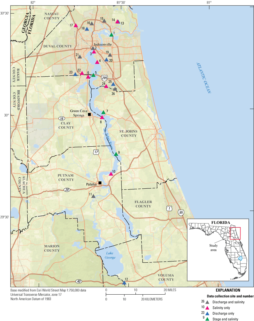 Figure 1. Map showing data collection sites on the St. Johns River and its tributaries
                     with a concentration of sites in Duval County.