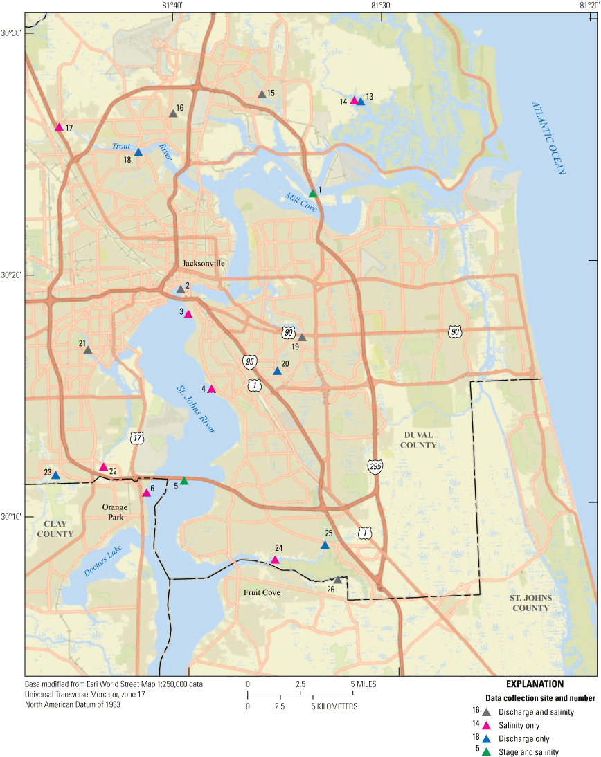 Figure 2. Map showing fairly evenly distributed data collection sites near the St.
                     Johns River in Clay, Duval, and St. Johns Counties. 