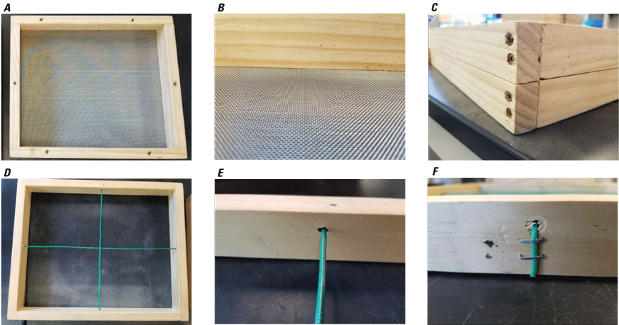 Images of invertebrate sampling sieve, stainless steel mesh, wooden frames to secure
               mesh, and wire grid secured to frame.