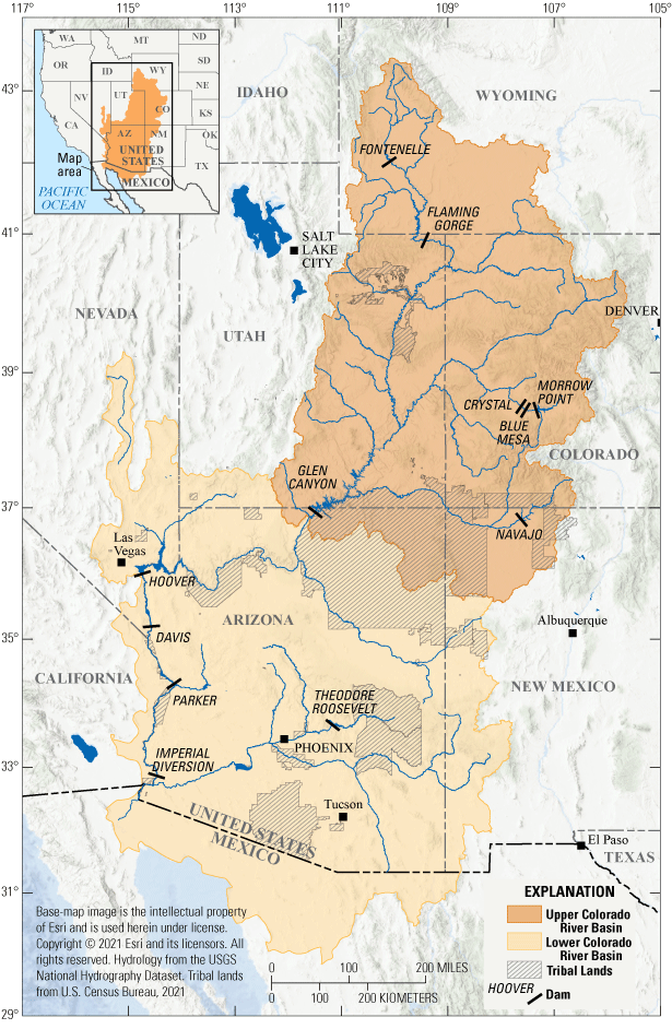 A map showing the location of the Upper and Lower Colorado River Basins. The Upper
                        Colorado River Basin extends from Wyoming in the north, across Colorado and Utah,
                        into northern Arizona and New Mexico at its southern extent. The Lower Colorado River
                        Basin extends from Nevada and Utah in the north to Mexico in the south. Tribal lands
                        occur throughout the Colorado River Basin.