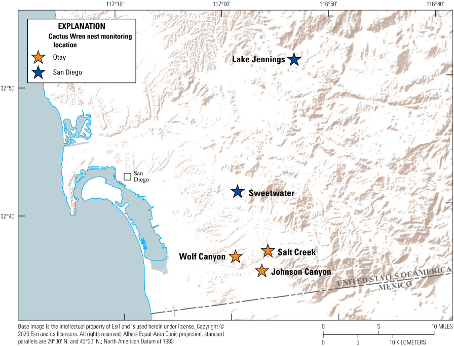 2.	Map of southern San Diego County showing colored stars for nest monitoring locations.