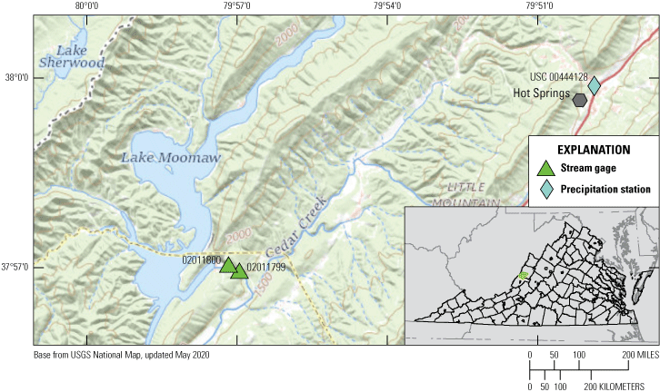 Figure 2. Map showing two streamgages near Lake Moomaw and one rainfall site near
                     Hot Springs.