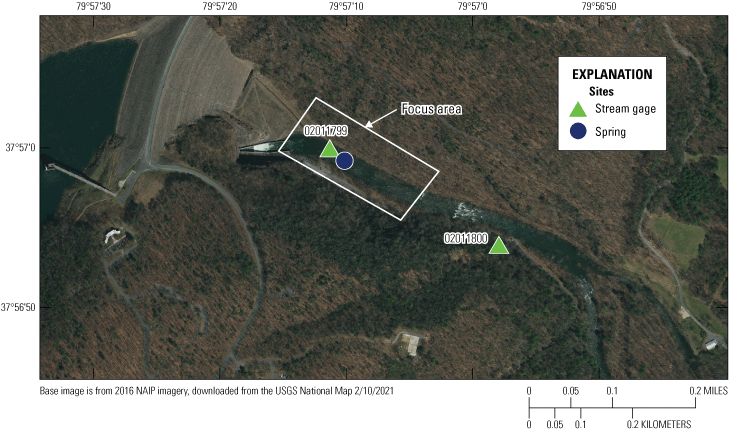 Figure 3. Aerial photo showing one streamgage upstream from spring and one streamgage
                     downstream from spring.